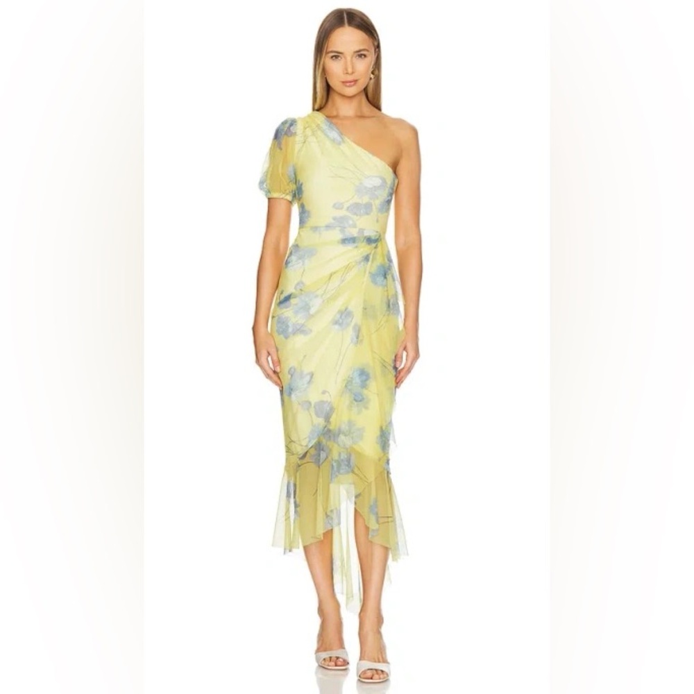 BCBGMAXAZRIA NWT vestido midi one shoulder floral dress -yellow combo -small